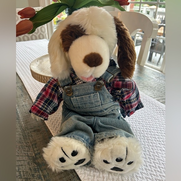 Build-A-Bear Dog Brown White Denim Overalls Plaid Shirt Ears Bend Made in USA - Picture 1 of 13